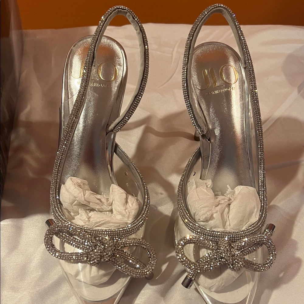 J Lo Felina Silver Bow-Embellished Heels